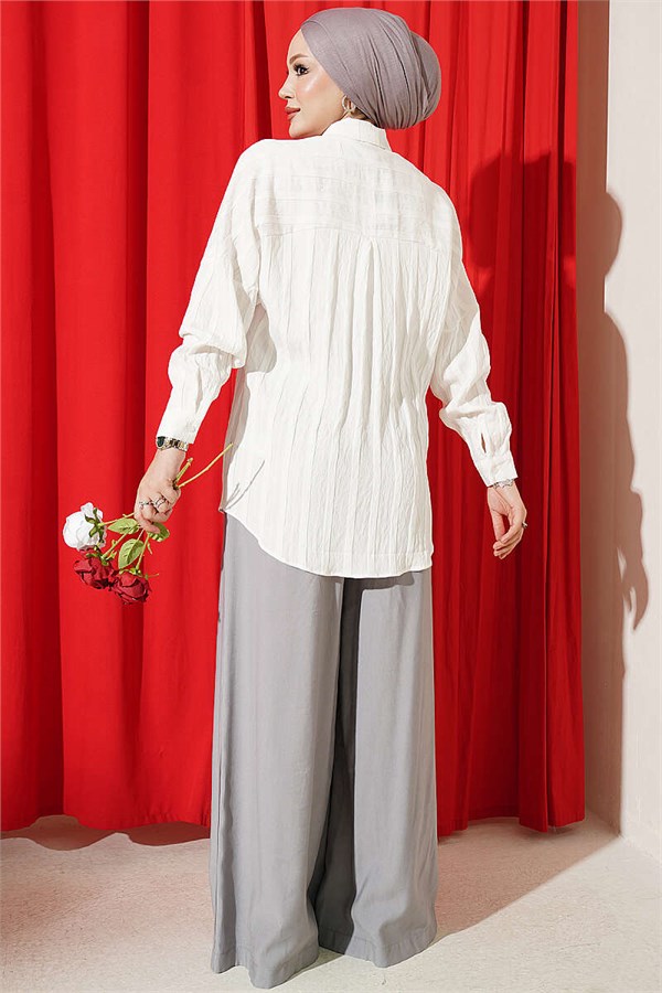 Basic Shirt with Embossed Stripe, Ecru
