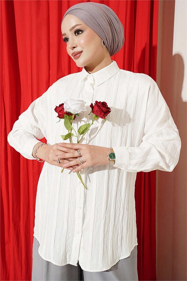 Basic Shirt with Embossed Stripe, Ecru