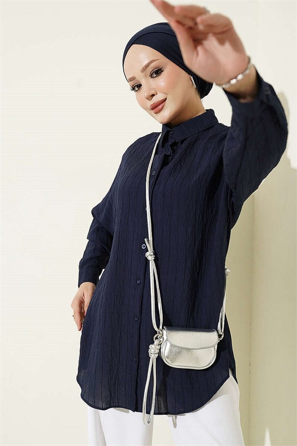 Basic Shirt with Embossed Stripe, Navy Blue