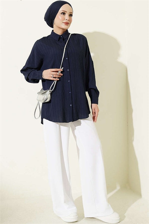 Basic Shirt with Embossed Stripe, Navy Blue