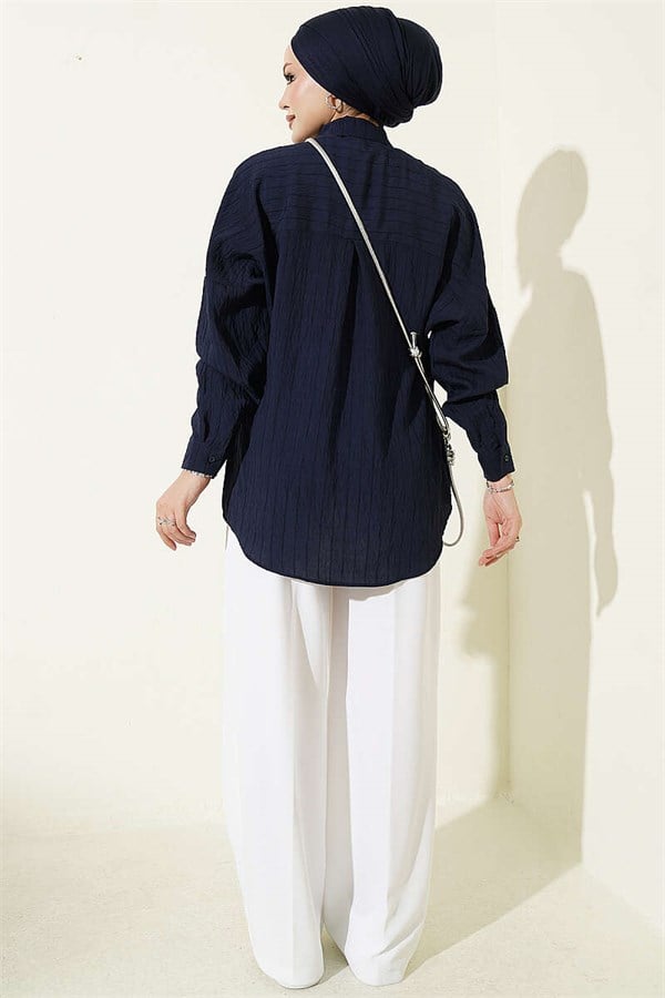 Basic Shirt with Embossed Stripe, Navy Blue