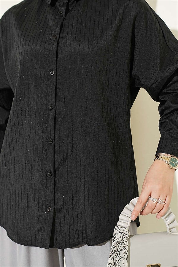 Striped Embossed Basic Shirt Black