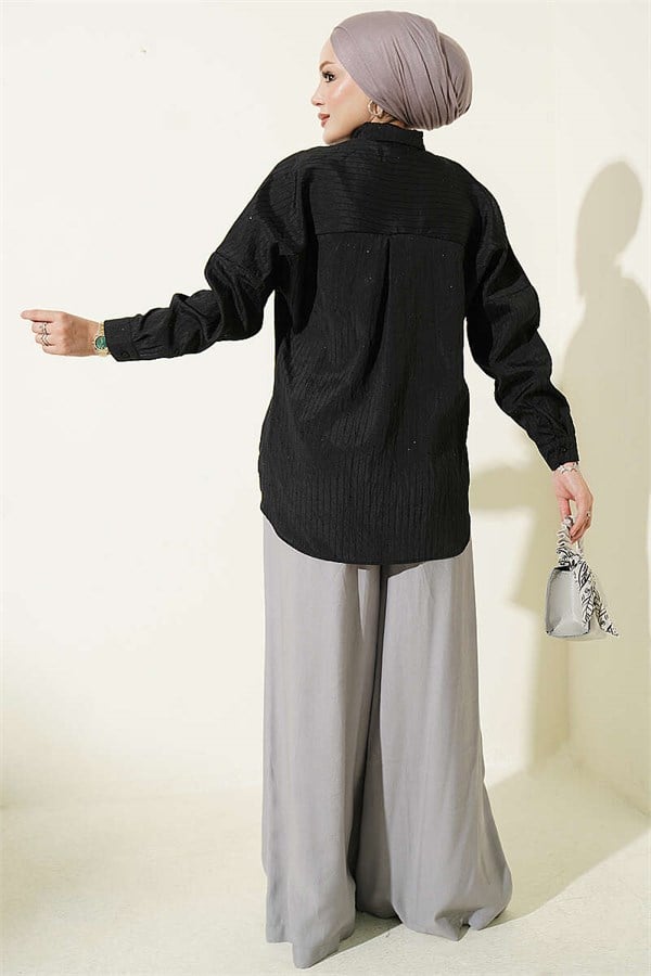 Striped Embossed Basic Shirt Black