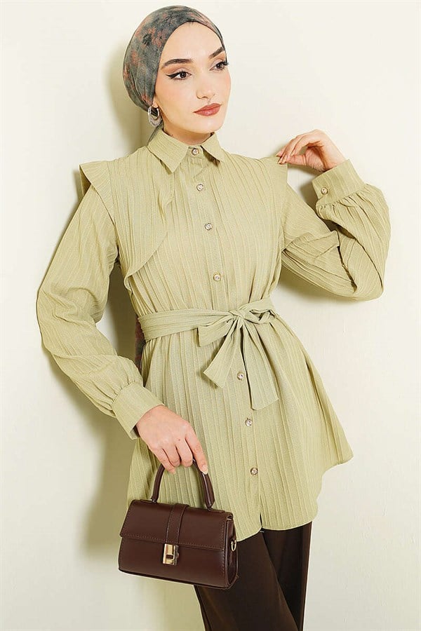 Striped Embossed Stone Button Shirt, Light Green