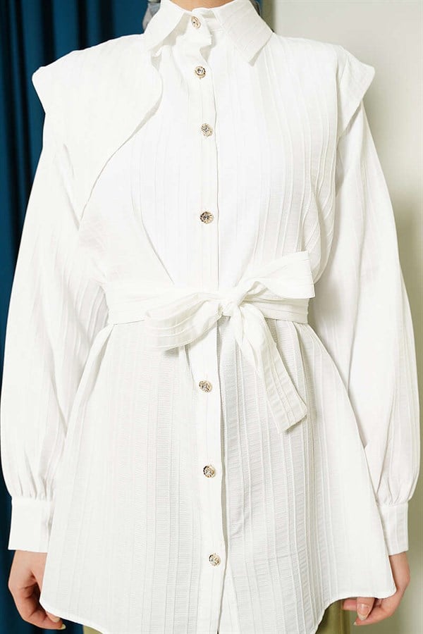 Striped Embossed Stone Button Shirt, Ecru