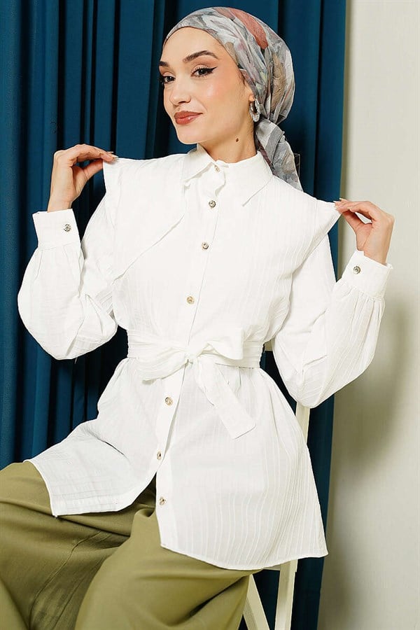 Striped Embossed Stone Button Shirt, Ecru