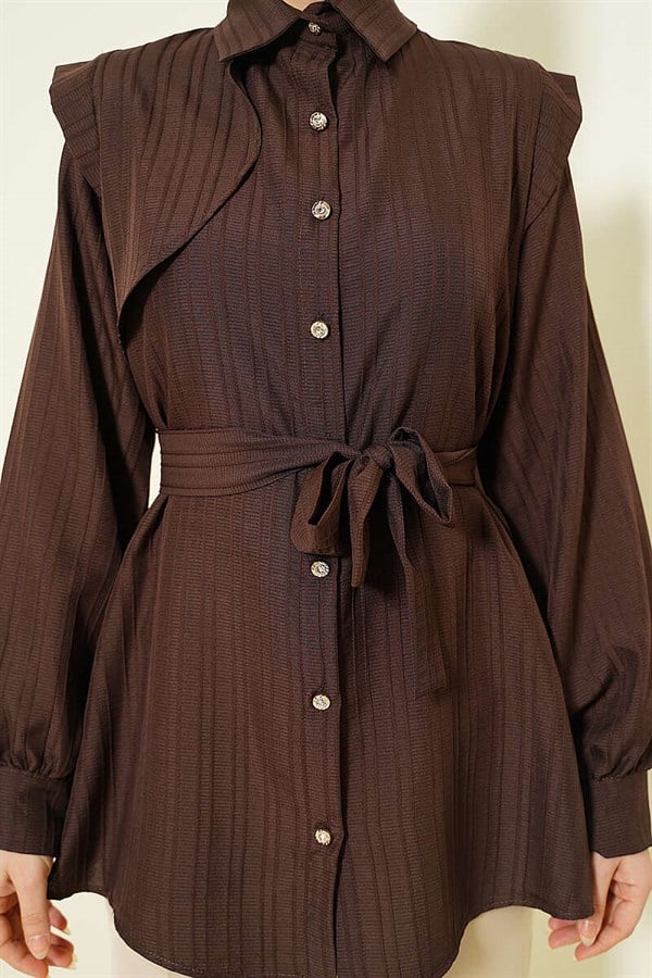 Shirt with Embossed Stone Buttons, Brown