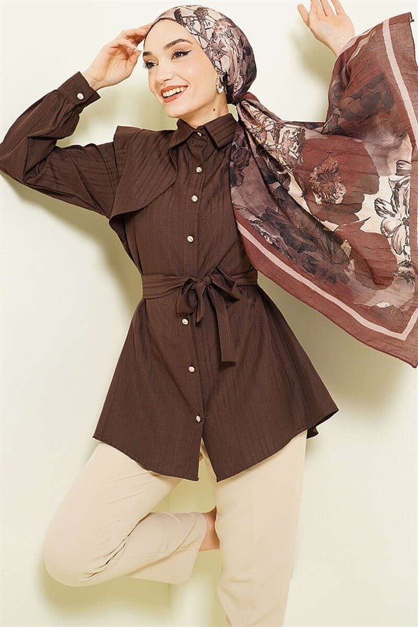 Shirt with Embossed Stone Buttons, Brown