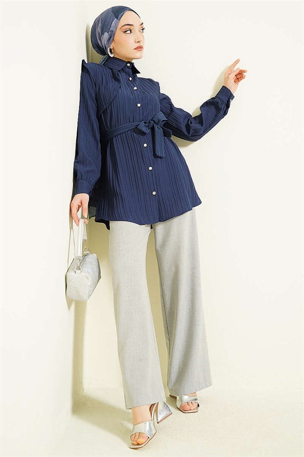 Navy Blue Shirt with Embossed Stone Buttons