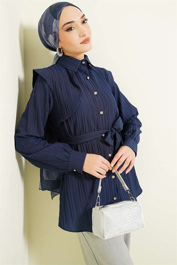 Navy Blue Shirt with Embossed Stone Buttons