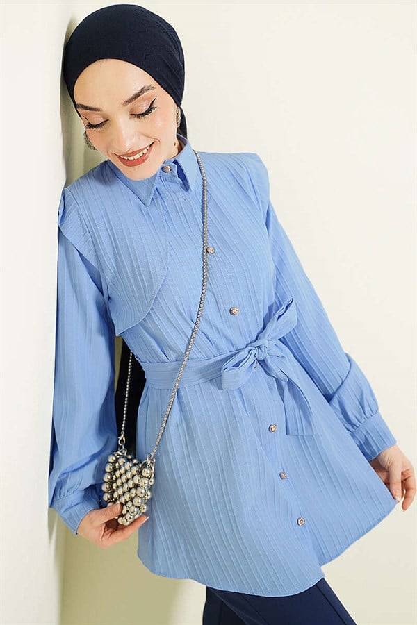 Striped Embossed Stone Button Shirt Blue