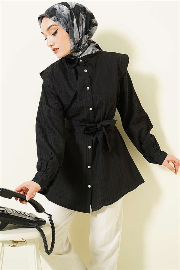 Striped Embossed Stone Button Shirt Black