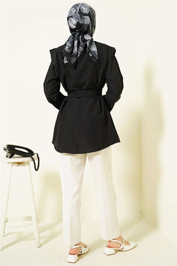 Striped Embossed Stone Button Shirt Black