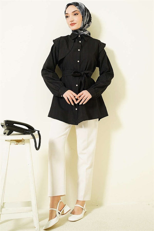 Striped Embossed Stone Button Shirt Black