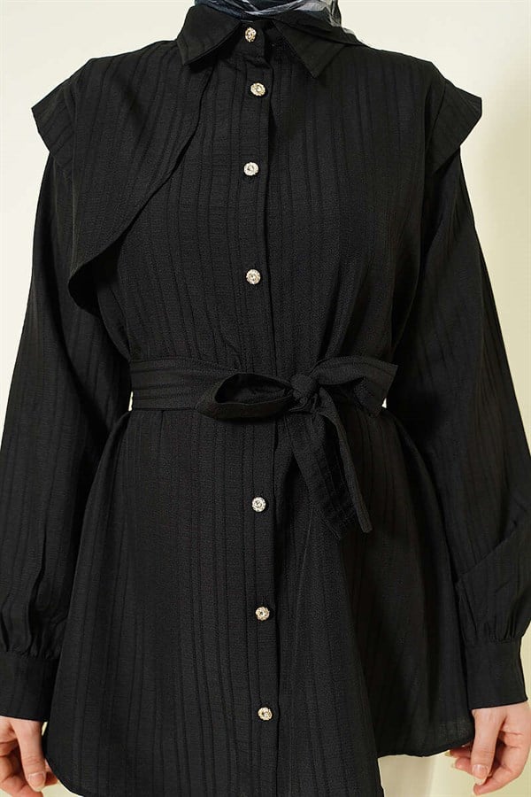 Striped Embossed Stone Button Shirt Black