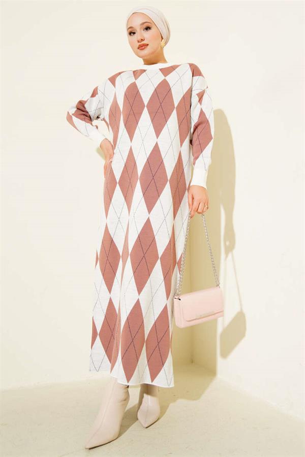Striped Diamond Patterned Knit Dress Dusty Rose