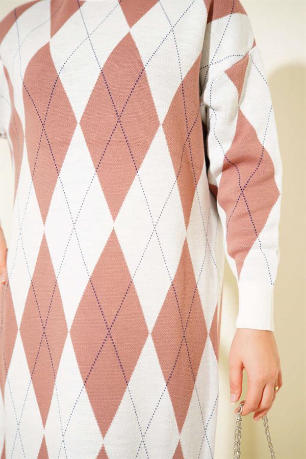 Striped Diamond Patterned Knit Dress Dusty Rose