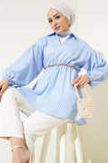 Striped Balloon Sleeve Elastic Waist Tunic Blue