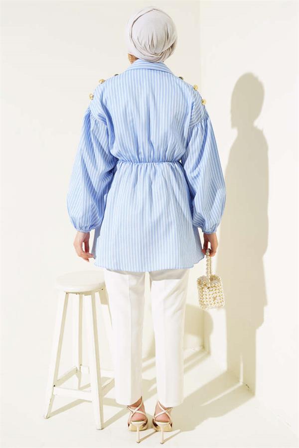 Striped Balloon Sleeve Elastic Waist Tunic Blue