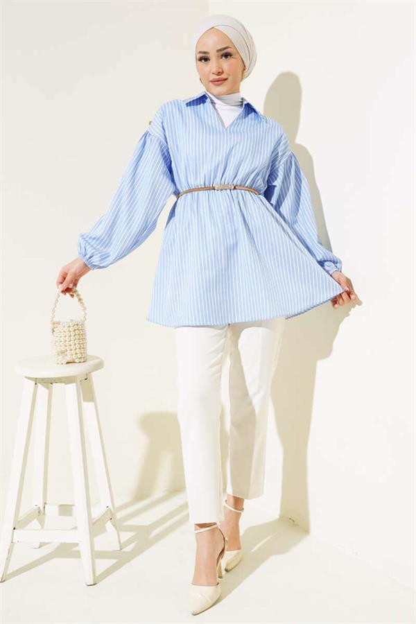 Striped Balloon Sleeve Elastic Waist Tunic Blue