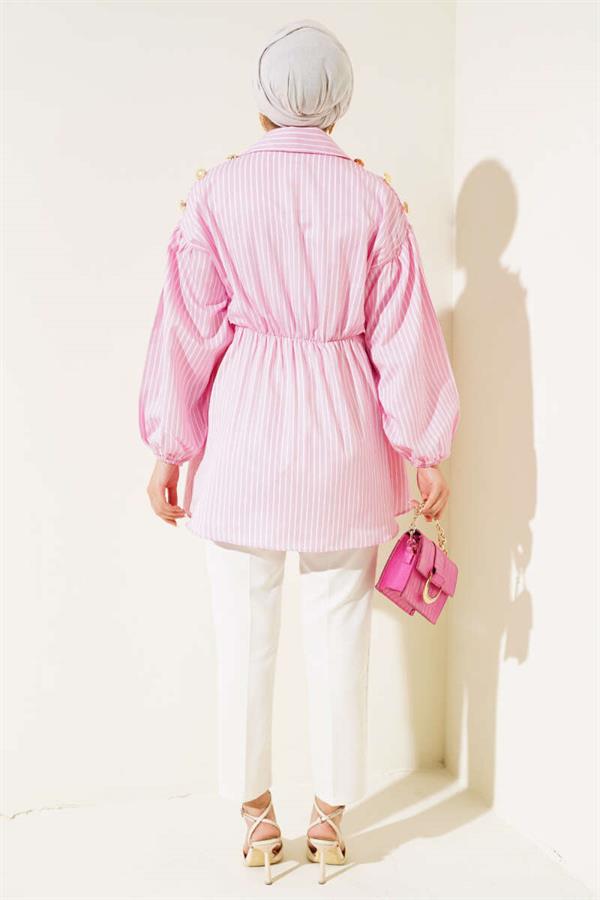 Striped Balloon Sleeve Elastic Waist Tunic Pink