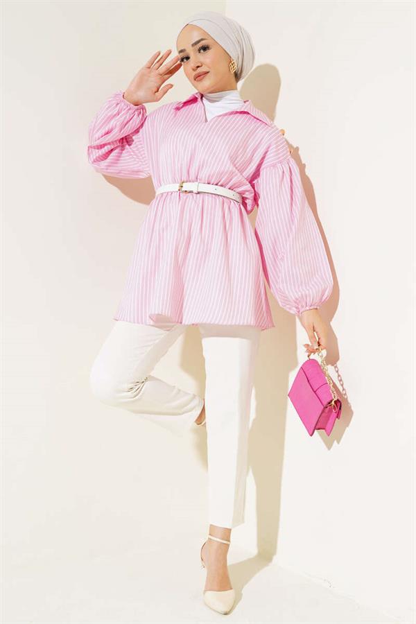 Striped Balloon Sleeve Elastic Waist Tunic Pink