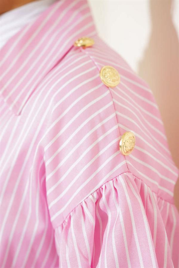 Striped Balloon Sleeve Elastic Waist Tunic Pink