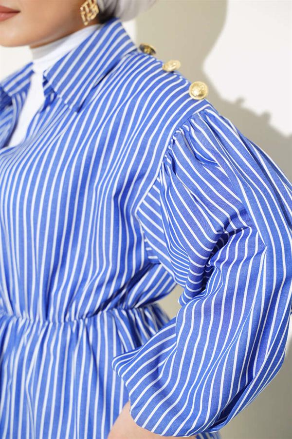Striped Balloon Sleeve Elastic Waist Tunic in Saxe