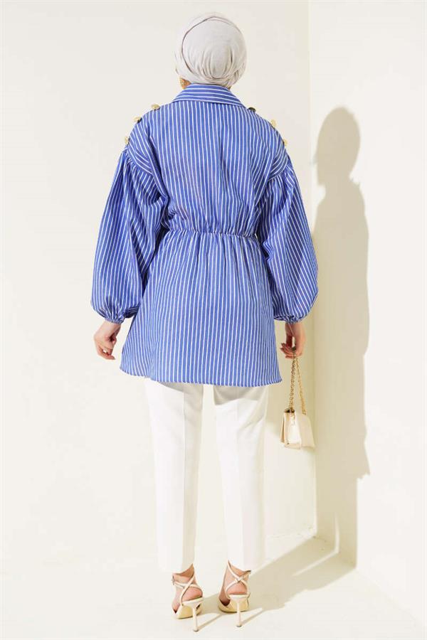 Striped Balloon Sleeve Elastic Waist Tunic in Saxe