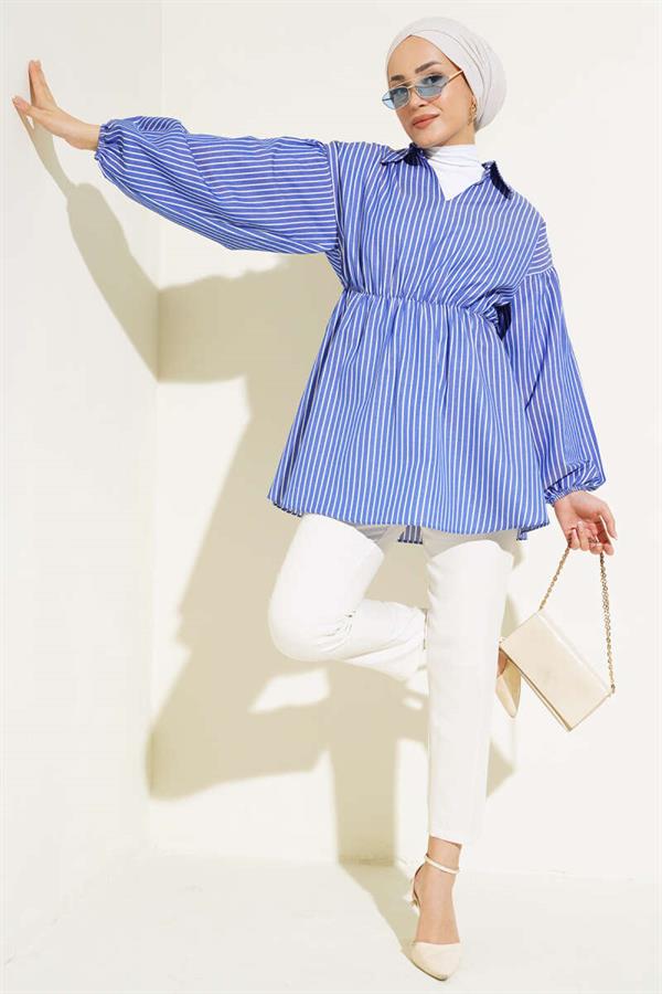 Striped Balloon Sleeve Elastic Waist Tunic in Saxe