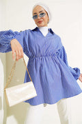 Striped Balloon Sleeve Elastic Waist Tunic in Saxe