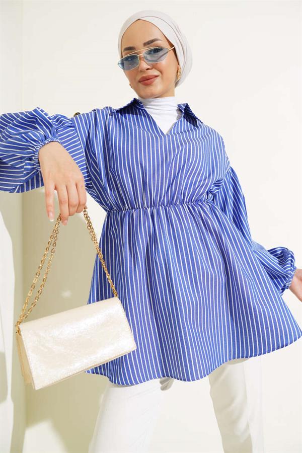 Striped Balloon Sleeve Elastic Waist Tunic in Saxe