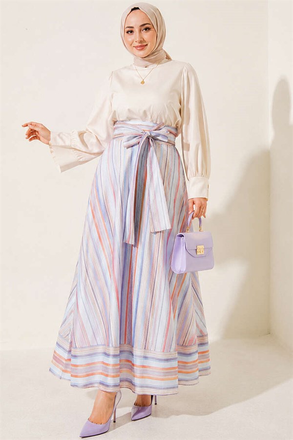 Striped Belted Skirt, Blue