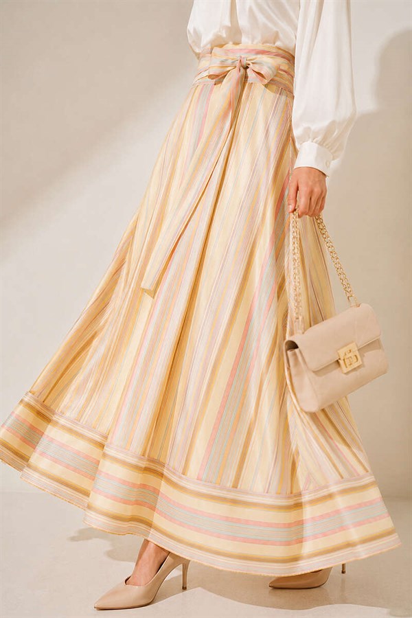 Striped Belted Skirt, Yellow