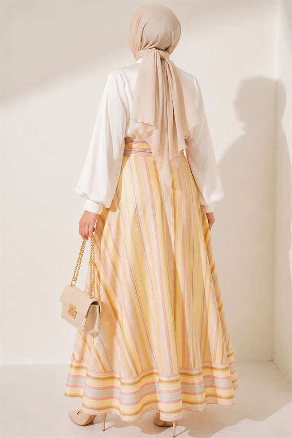Striped Belted Skirt, Yellow