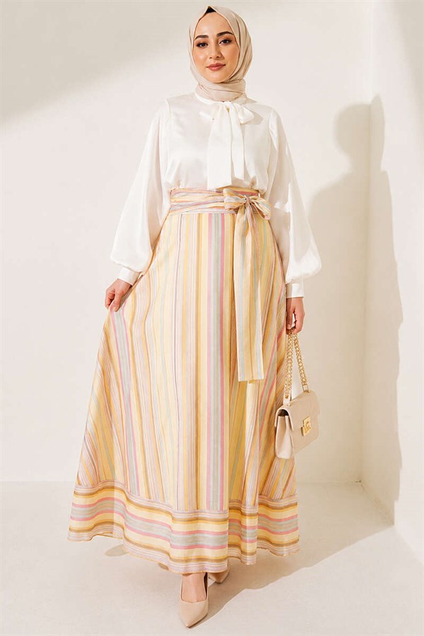 Striped Belted Skirt, Yellow