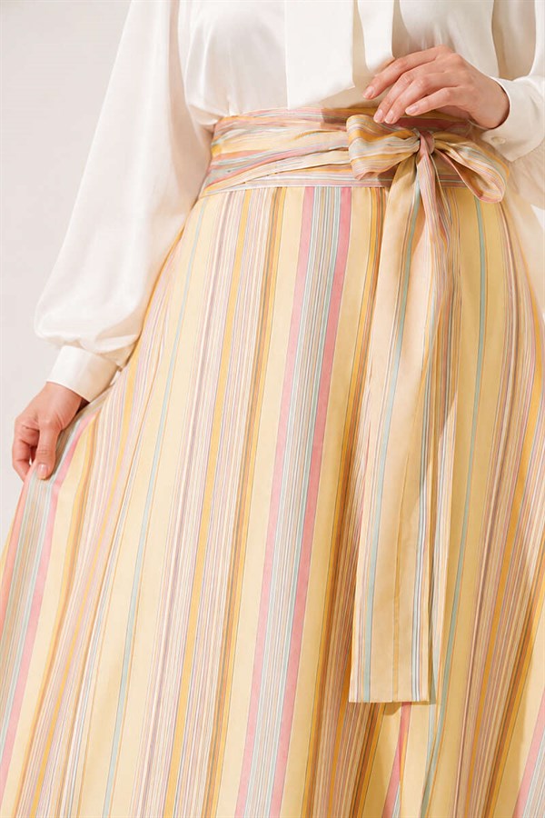 Striped Belted Skirt, Yellow