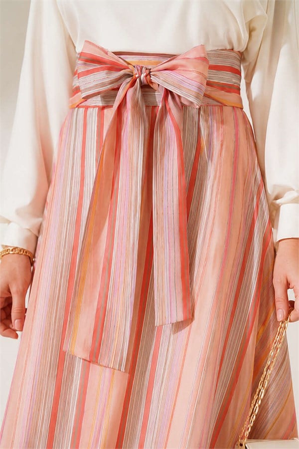 Striped Belted Skirt, Baby Pink