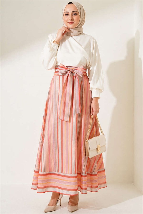 Striped Belted Skirt, Baby Pink