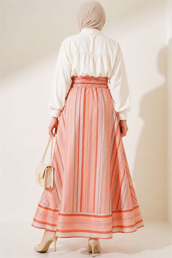 Striped Belted Skirt, Baby Pink