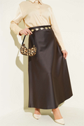 Striped Satin Skirt with Elastic Waistband, Brown