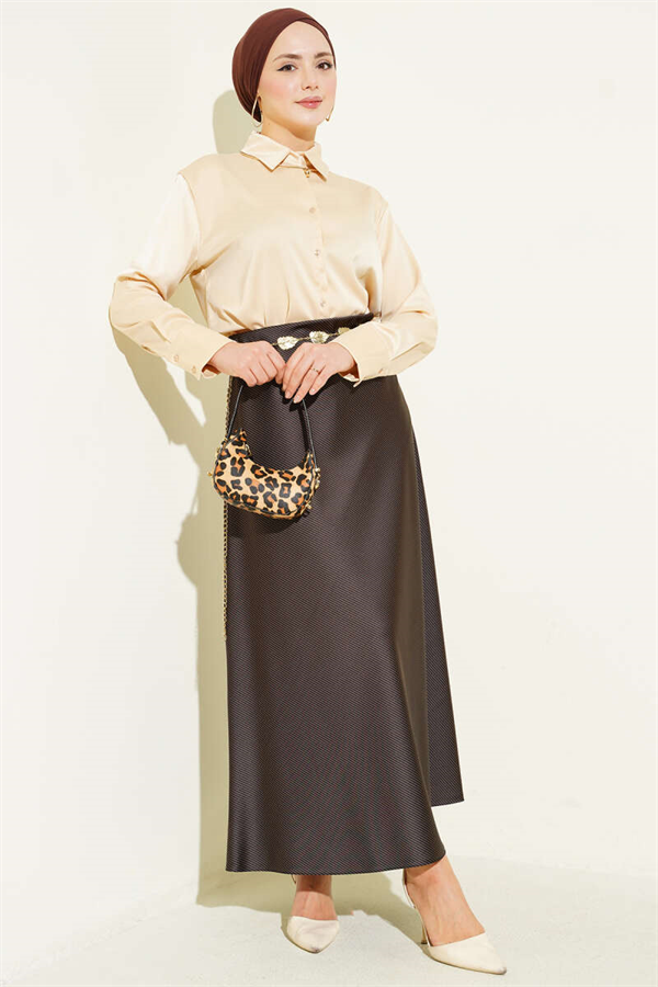 Striped Satin Skirt with Elastic Waistband, Brown