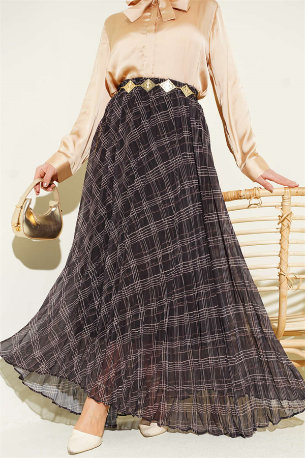 Striped Anthracite Chiffon Skirt with Elastic Waistband