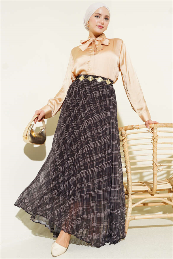 Striped Anthracite Chiffon Skirt with Elastic Waistband