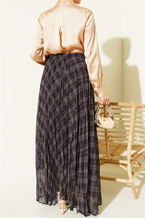 Striped Anthracite Chiffon Skirt with Elastic Waistband