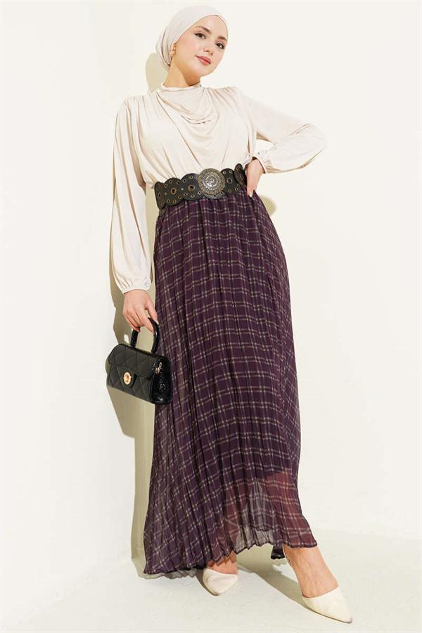 Striped Chiffon Skirt with Elastic Waistband, Plum