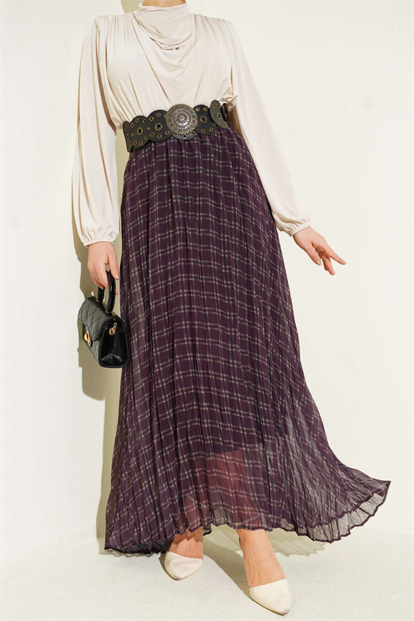 Striped Chiffon Skirt with Elastic Waistband, Plum