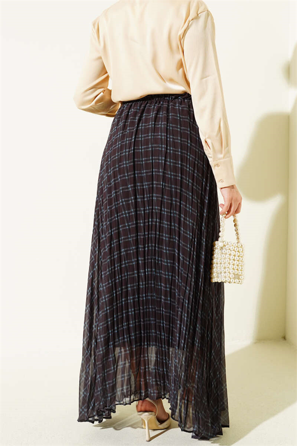Striped Chiffon Skirt with Elastic Waistband, Black and Blue