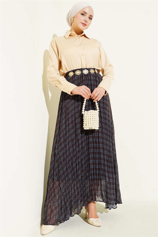 Striped Chiffon Skirt with Elastic Waistband, Black and Blue