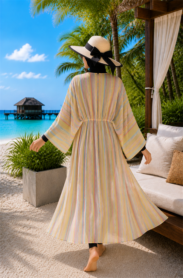 Striped Adjustable Waist Long Pareo Yellow